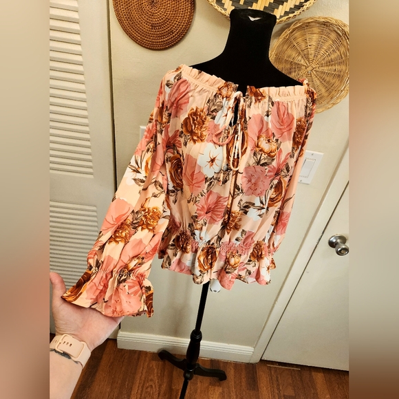 Boho Off The Shoulder Long Sleeve Floral Blouse - Picture 9 of 14